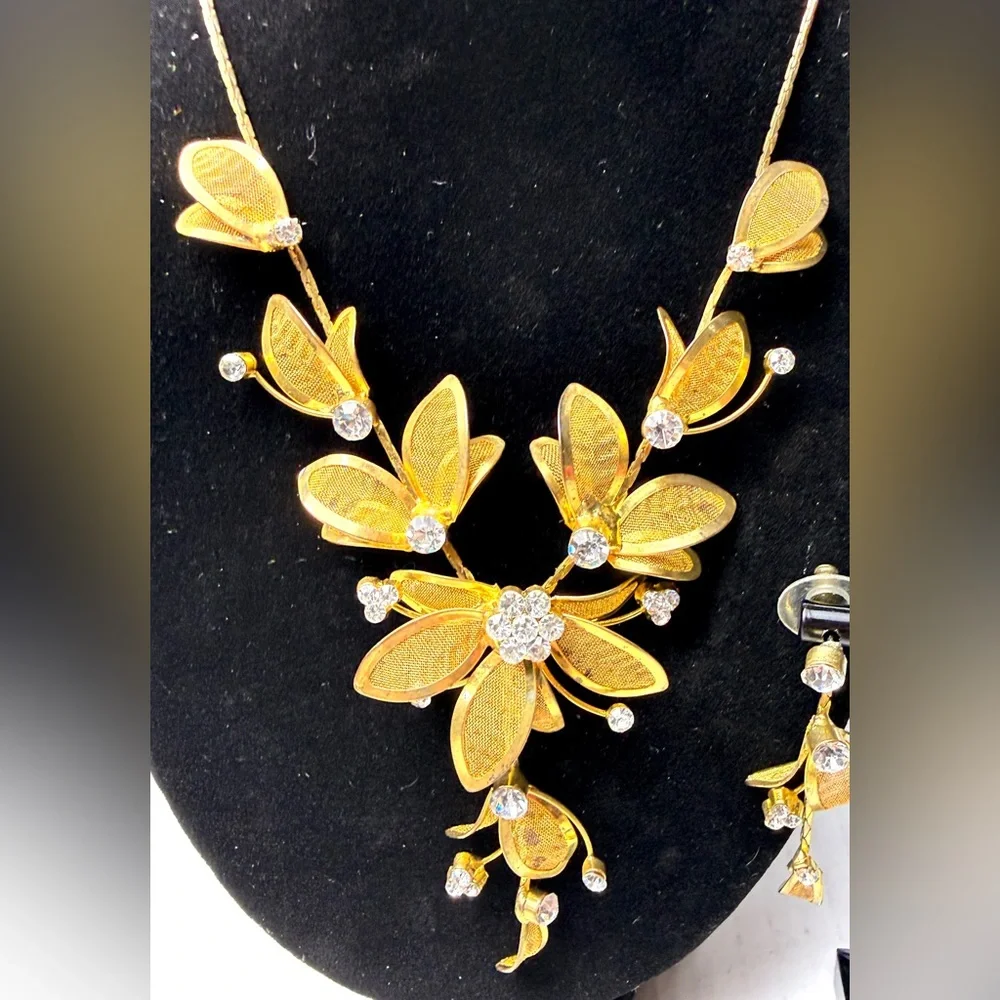 Vintage Fine Mesh Dainty Flower Necklace Crystal Rhinestone Earrings‎ Bracelet